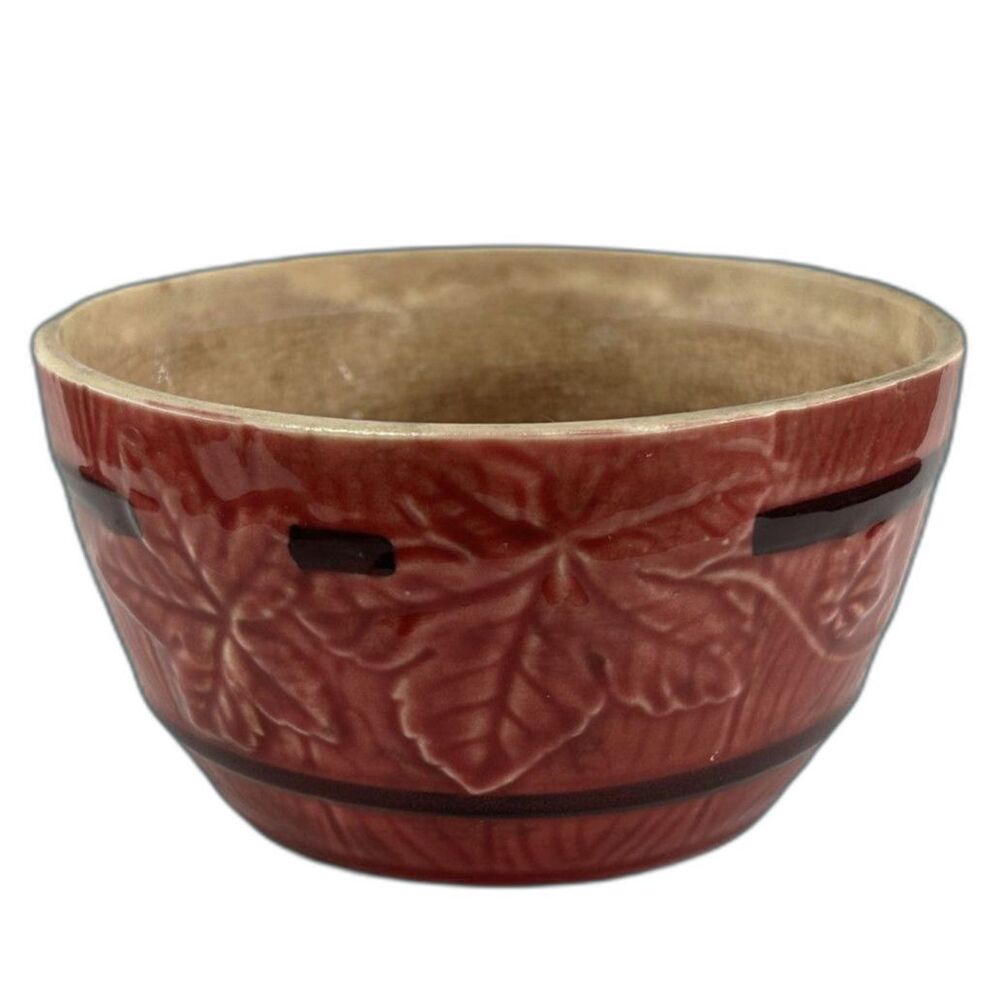 VTG Rose & Burgundy Crockery Barrel Bowl with Leaf Relief Pattern 5.5"D x 3"H
